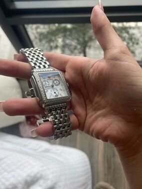 Michele Silver-Tone Diamond Bezel Mother-of-Pearl Dial Watch